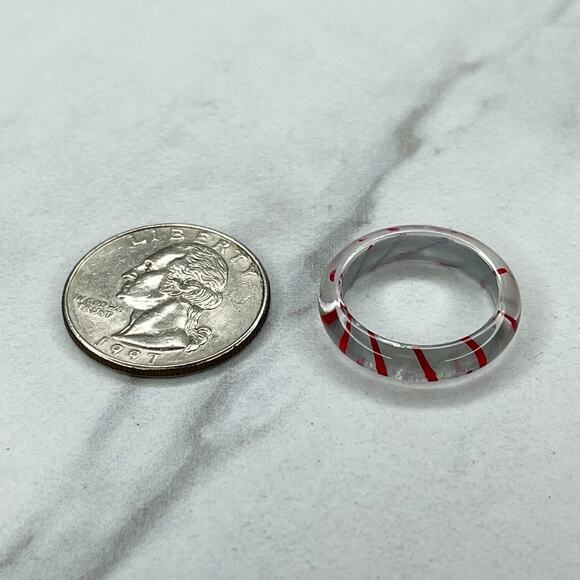 Clear Silver Red Striped Plastic Ring Size 7.25 - Picture 3 of 11